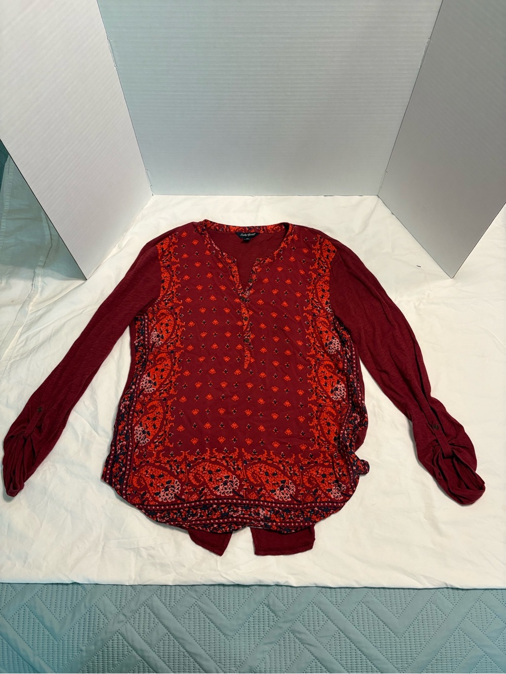 Lucky Brand Boho Burgundy Mixed Print Top Long Sleeve Size M